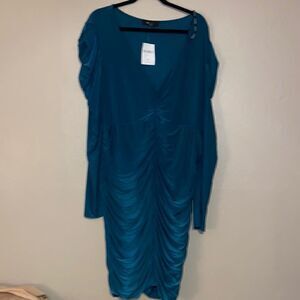Forever 21 Blue Gathered Long Sleeve Dress